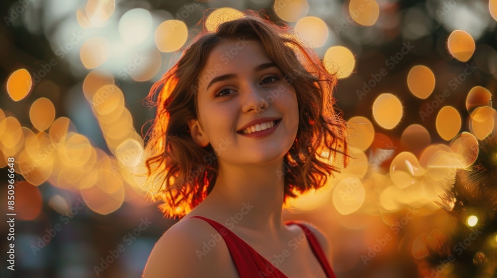 A woman wearing a bright red dress smiles directly at the camera, conveying happiness and confidence A woman wearing a bright red dress smiles directly at the camera, conveying happiness and confidence