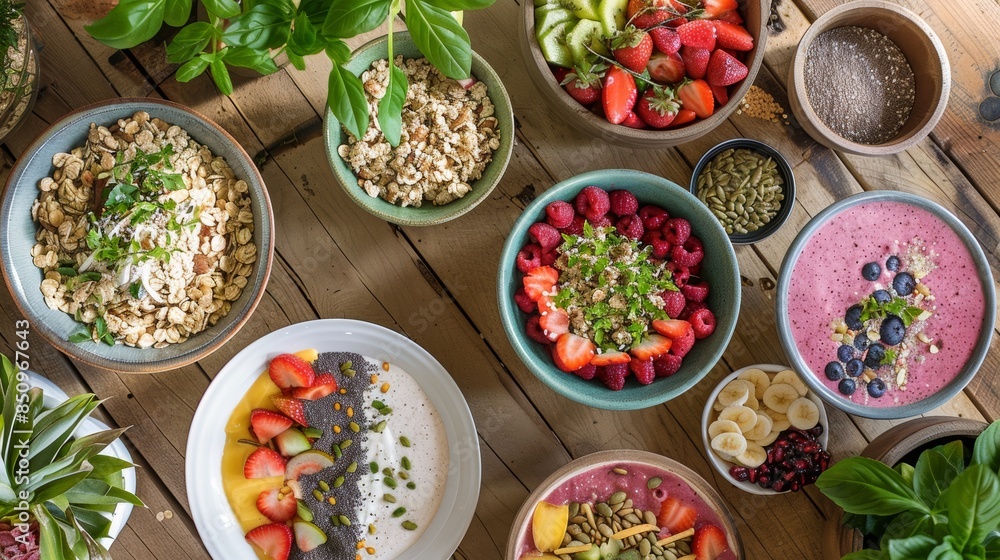Colorful Raw Food Breakfast Spread with Smoothie Bowls, Fresh Fruit, and Granola on Wooden Table Colorful Raw Food Breakfast Spread with Smoothie Bowls, Fresh Fruit, and Granola on Wooden Table