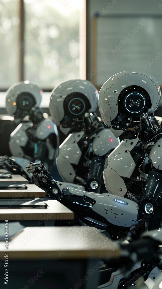 Robots sitting at desks working using computers in office Robots sitting at desks working using computers in office