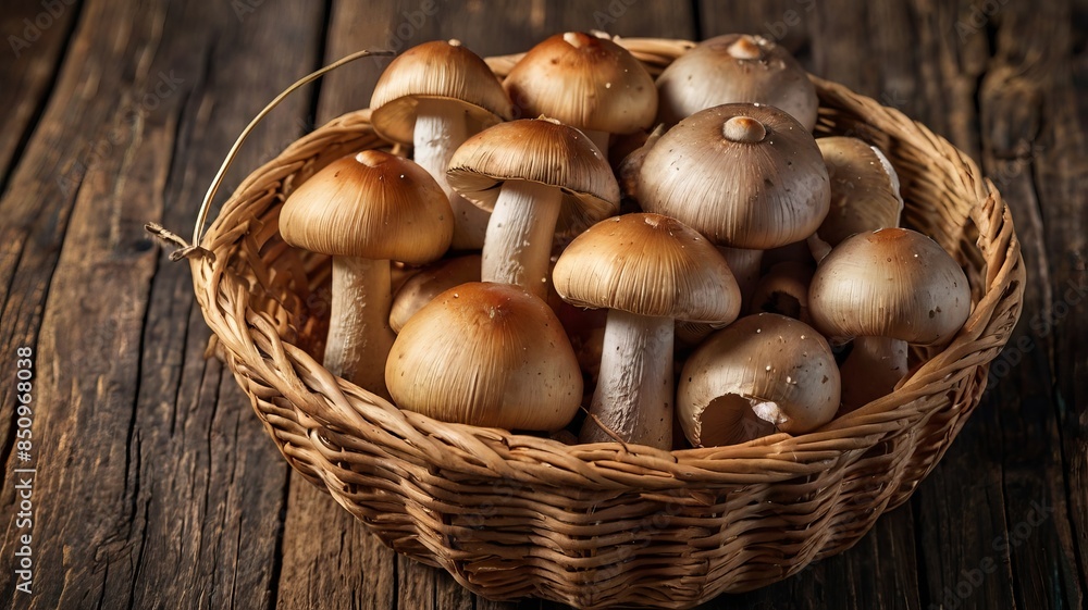 Fresh Mushrooms in a Basket on Rustic Wooden Table Fresh Mushrooms in a Basket on Rustic Wooden Table