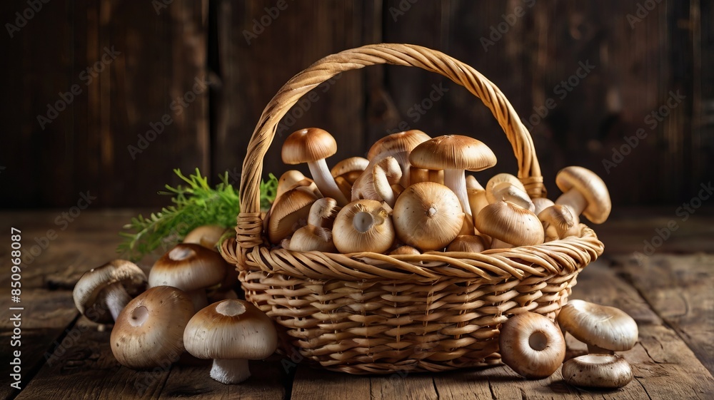 Fresh Mushrooms in a Basket on Rustic Wooden Table Fresh Mushrooms in a Basket on Rustic Wooden Table