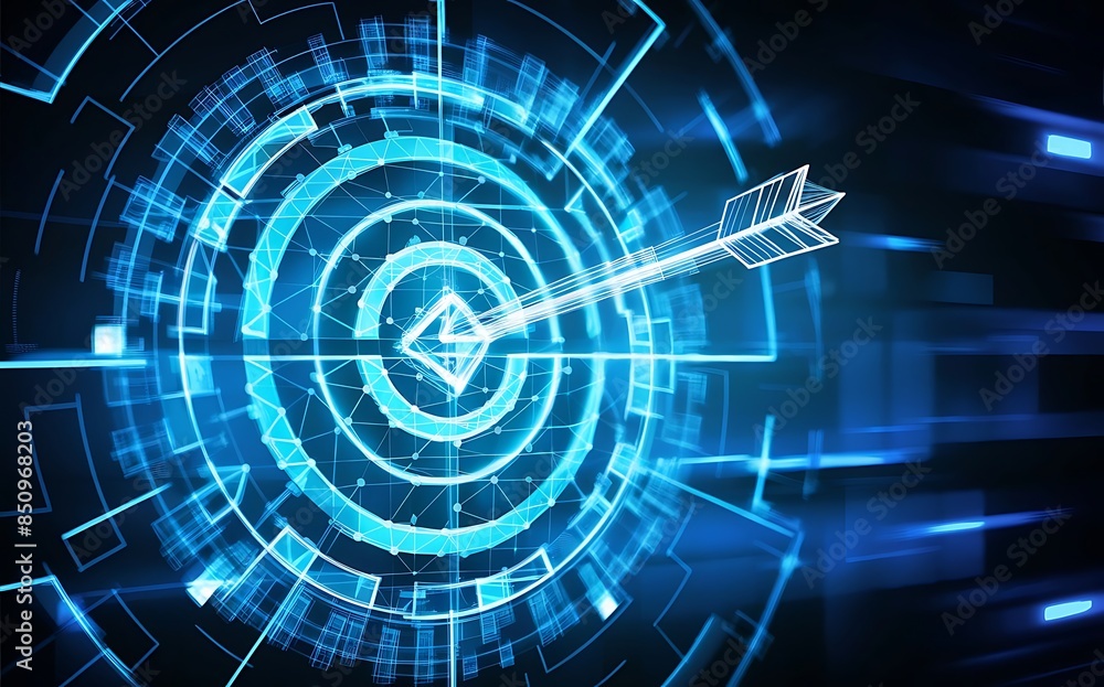 Abstract digital target with an arrow in the center. Growth strategy or financial goal concept. Futuristic low poly wireframe vector illustration on blue technology modern background. The bull's eye. Abstract digital target with an arrow in the center. Growth strategy or financial goal concept. Futuristic low poly wireframe vector illustration on blue technology modern background. The bull's eye.