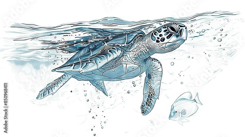   A drawing of a sea turtle swimming in the ocean with fish in both the foreground and background