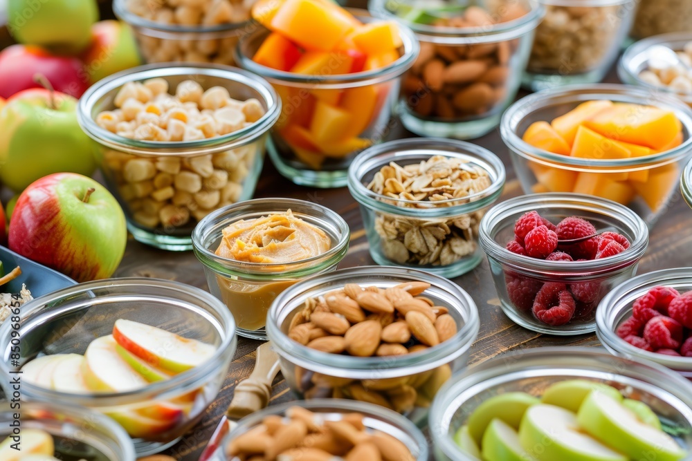 Healthy Snack Variety: Apples, Almond Butter, Granola, Nuts, and Fresh Fruits on Wooden Table Healthy Snack Variety: Apples, Almond Butter, Granola, Nuts, and Fresh Fruits on Wooden Table