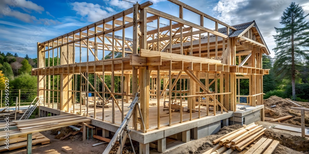 The Framework Of A House Under Construction With A Beautiful Blue Sky In The Background The Framework Of A House Under Construction With A Beautiful Blue Sky In The Background