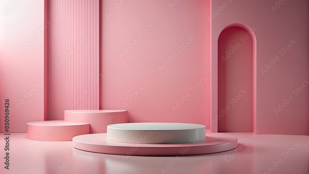 Empty round pink platform podium on pink background. Minimal creative composition background for cosmetics or products presentation Empty round pink platform podium on pink background. Minimal creative composition background for cosmetics or products presentation