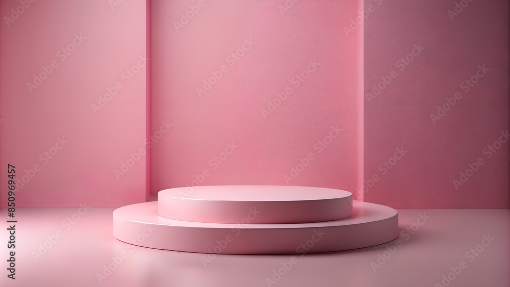 Empty round pink platform podium on pink background. Minimal creative composition background for cosmetics or products presentation Empty round pink platform podium on pink background. Minimal creative composition background for cosmetics or products presentation