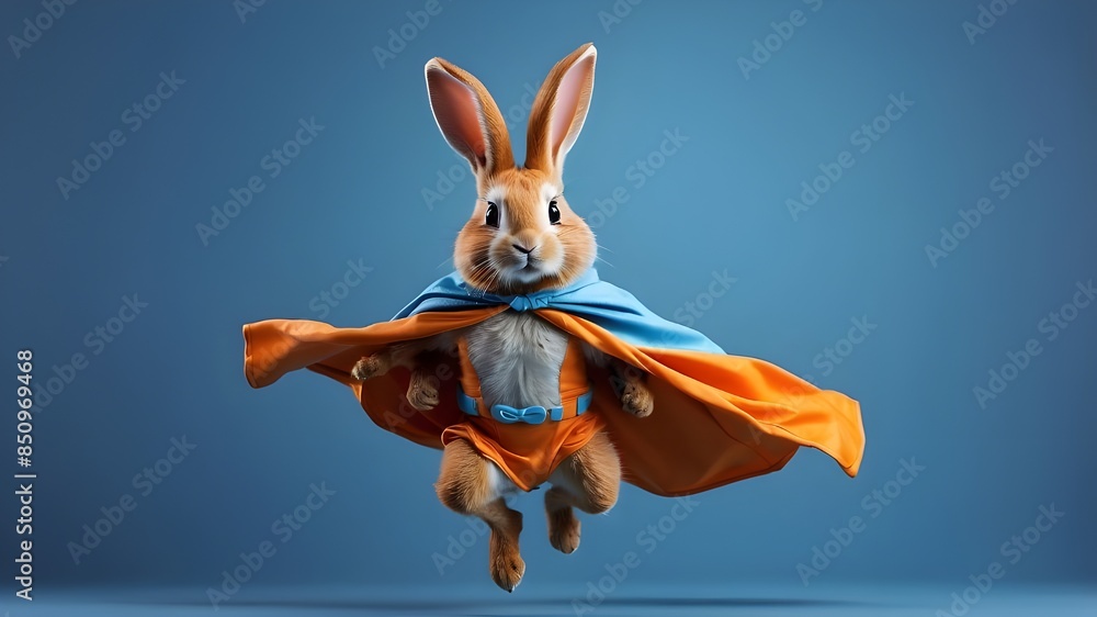 superpower Bunny, Cute orange bunny with a blue cloak and mask flying ...