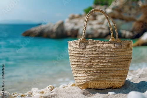 Straw bag on the background of sea. Bag made of natural materials on the beach in sunny weather. Beach bag. photo