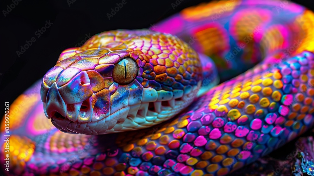Fototapeta premium Colorful snake posing on a branch close up