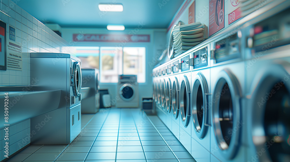 Empty Laundry Room with Washing Machines and Dryers, Clean and Bright Empty Laundry Room with Washing Machines and Dryers, Clean and Bright