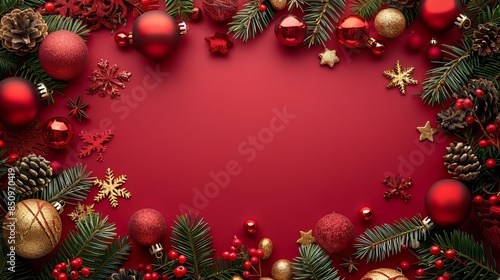 Christmas Ornament Border On Red Background
