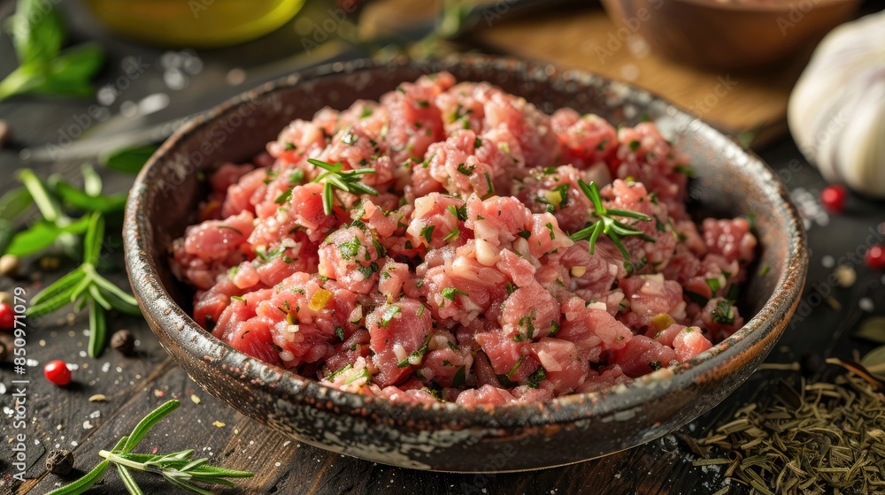 Raw minced meat seasoned and prepared for cooking Raw minced meat seasoned and prepared for cooking