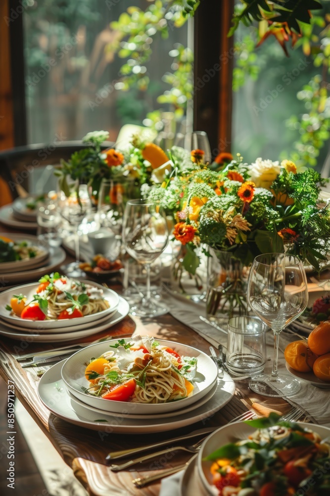 Elegant Spring Dinner Party Table with Gluten-Free Pasta Primavera and Fresh Floral Centerpieces Elegant Spring Dinner Party Table with Gluten-Free Pasta Primavera and Fresh Floral Centerpieces
