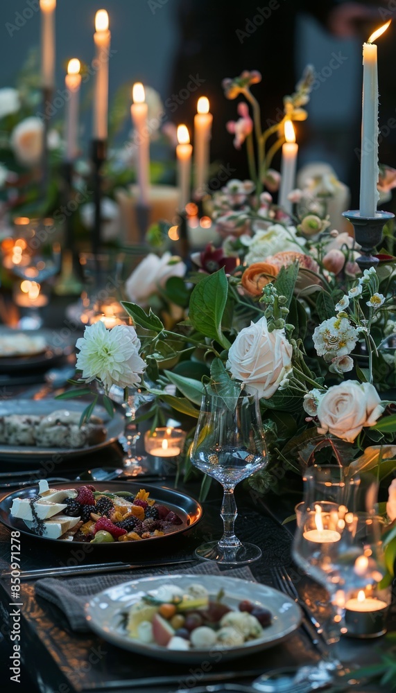 Elegant Raw Food Dinner Setup with Candles and Flowers for a Special Occasion Elegant Raw Food Dinner Setup with Candles and Flowers for a Special Occasion