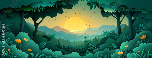 wide horizontal jungle illustration with layers of trees plants and leaves in green color tones and sun in yellow sky