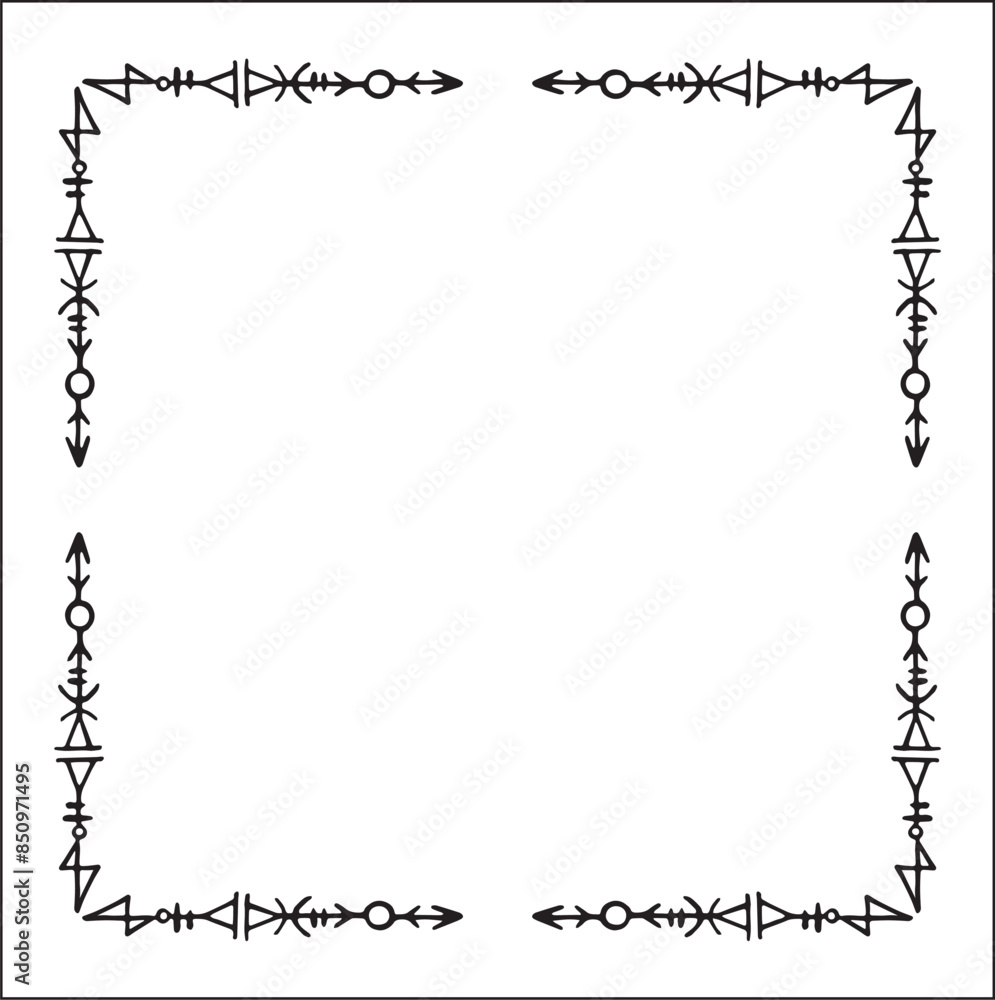 Elegant black and white ornamental frame with Viking runes, decorative border, corners for greeting cards, banners, business cards, invitations, menus. Isolated vector illustration.
Elegant black and white ornamental frame with Viking runes, decorative border, corners for greeting cards, banners, business cards, invitations, menus. Isolated vector illustration.