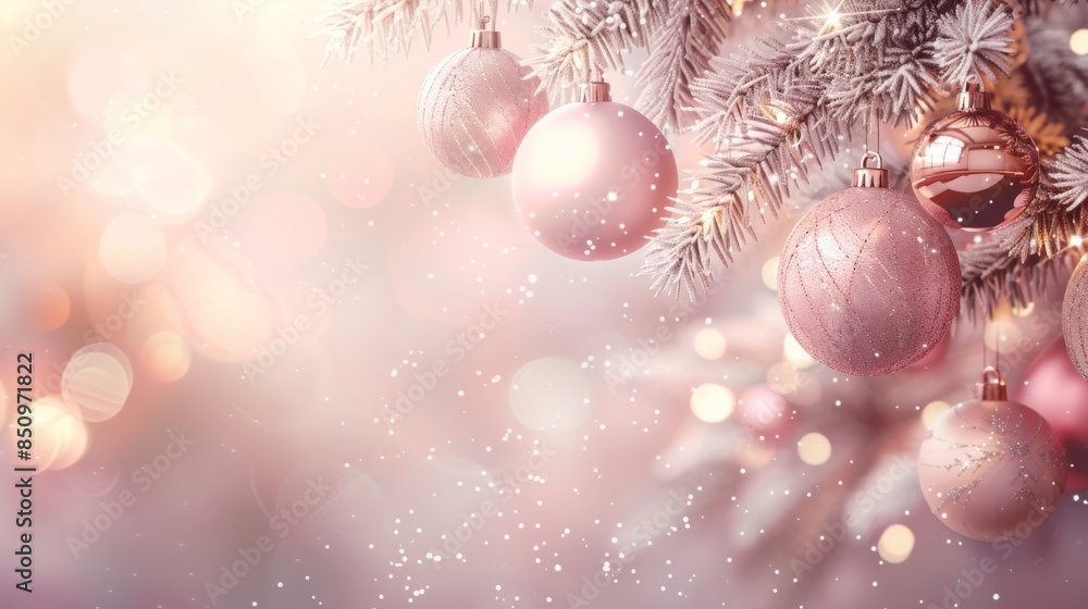 Christmas tree branch decorated with pink christmas baubles is sparkling on blurry background Christmas tree branch decorated with pink christmas baubles is sparkling on blurry background