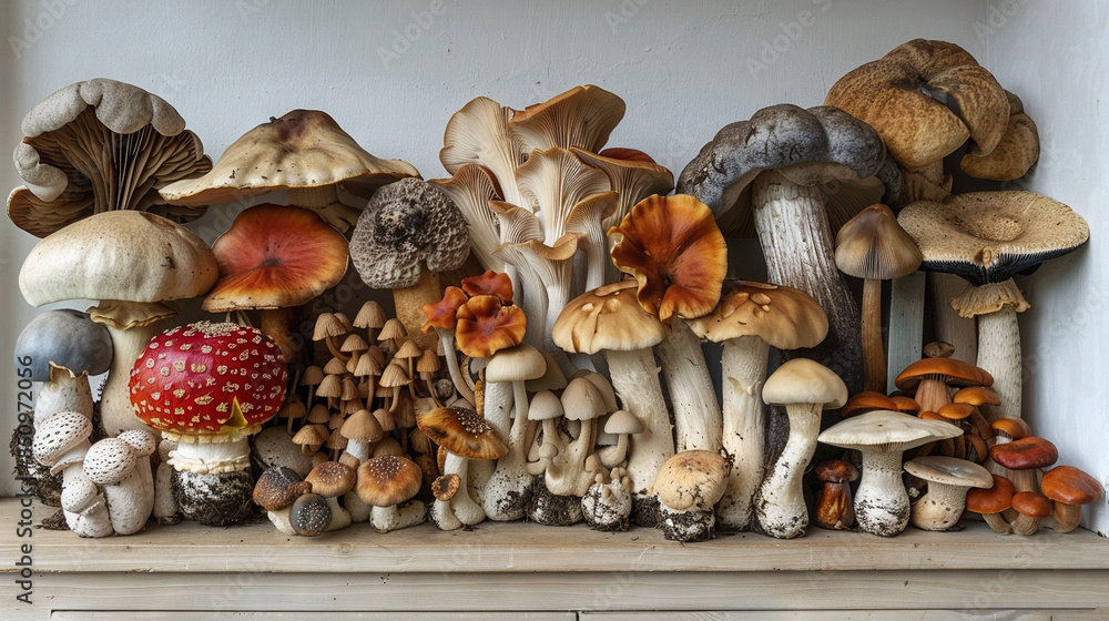 A cluster of fungi gathered on a wooden platform beside one another on the wall A cluster of fungi gathered on a wooden platform beside one another on the wall
