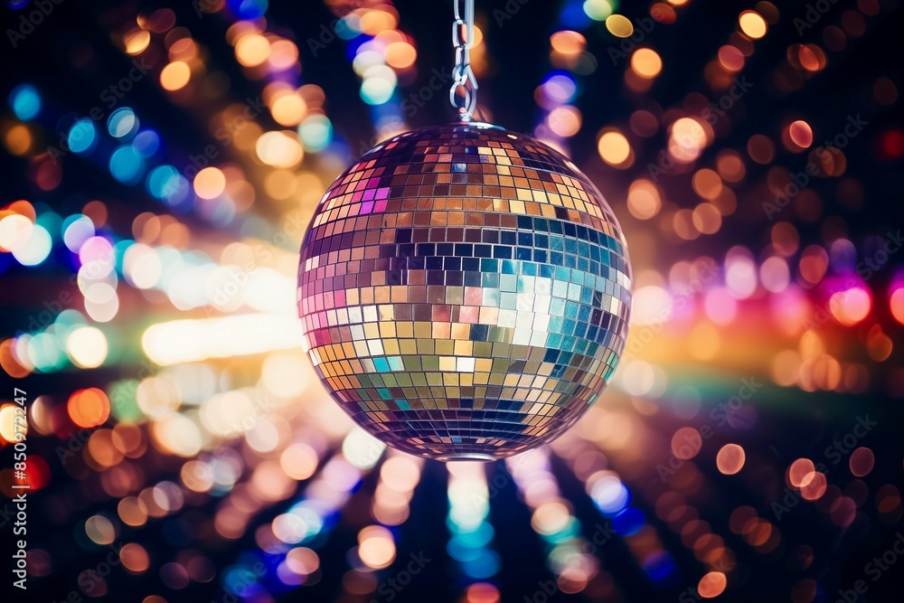 Obraz premium shiny disco ball hanging on ceeling and in colourful bokeh background 