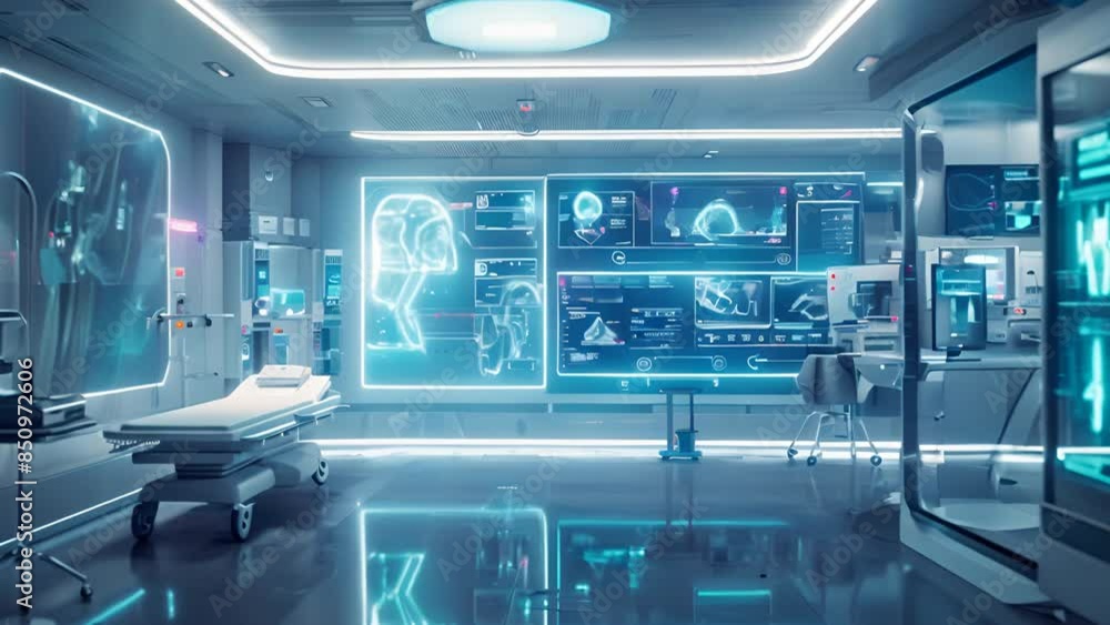 A futuristic hospital room where patients are identified and their medical records are accessed using facial recognition technology, A futuristic hospital room where patients are identified and their medical records are accessed using facial recognition technology,