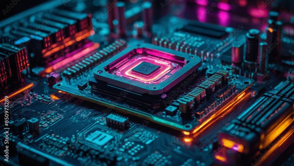 Neon-lit AI processor integrated into an advanced motherboard, dynamic style, vibrant colors, intricate circuitry. Neon-lit AI processor integrated into an advanced motherboard, dynamic style, vibrant colors, intricate circuitry.