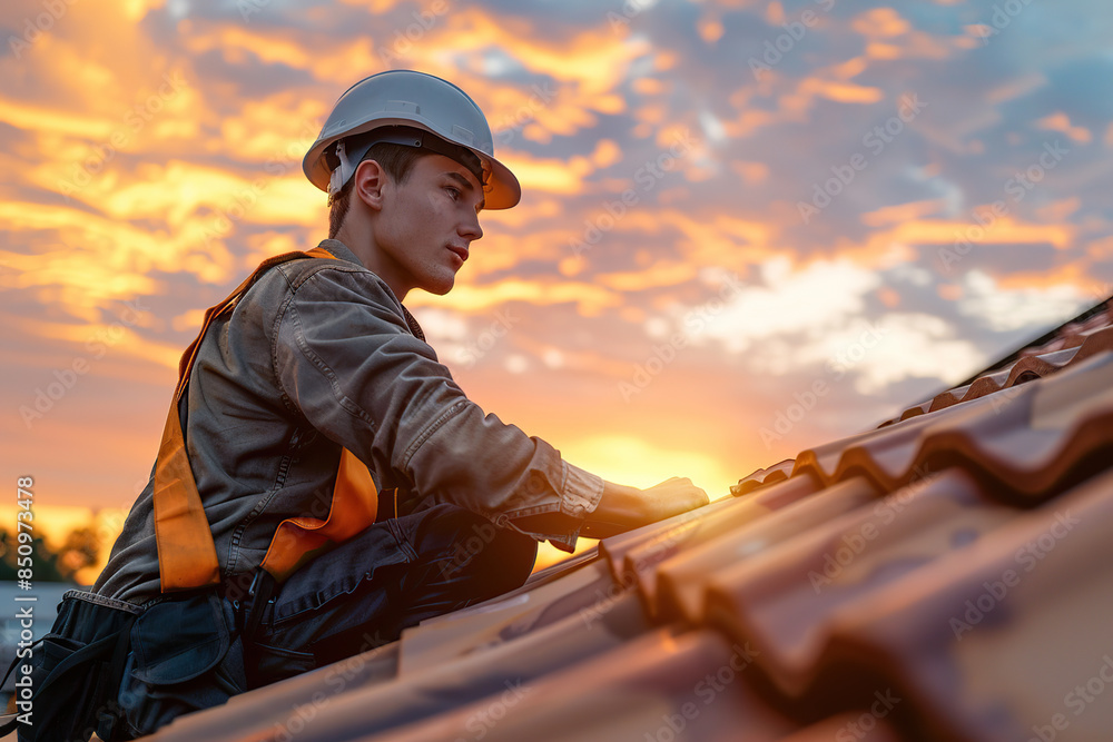 Roofer in uniform installing clay roof tiles, roofing work Roofer in uniform installing clay roof tiles, roofing work