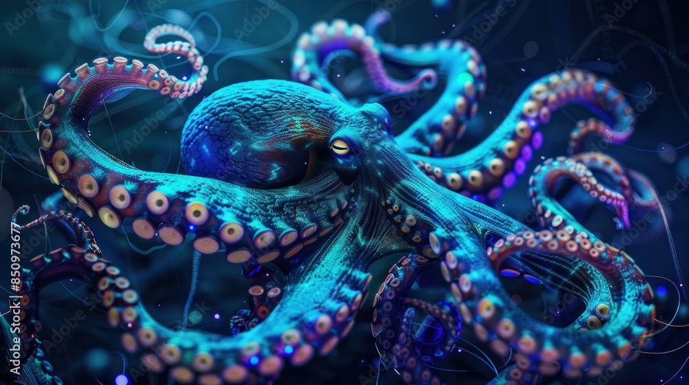 Close-up view of Octopus with Digital Tentacles, Futuristic. with a Dark Aluminate Background. Ai generated image Close-up view of Octopus with Digital Tentacles, Futuristic. with a Dark Aluminate Background. Ai generated image