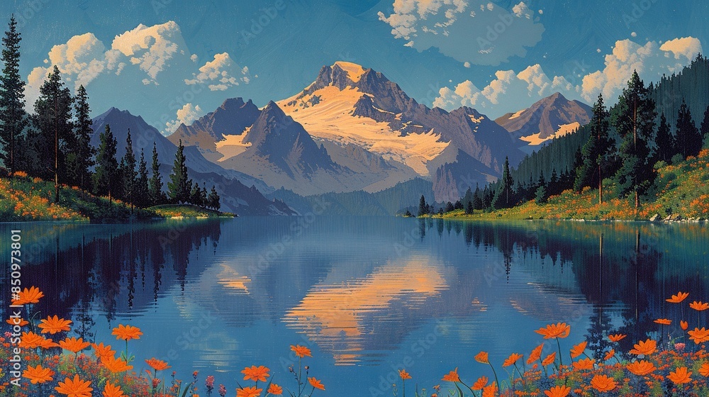 Fototapeta premium A mountain lake painting with orange flowers and a blue cloud-filled sky