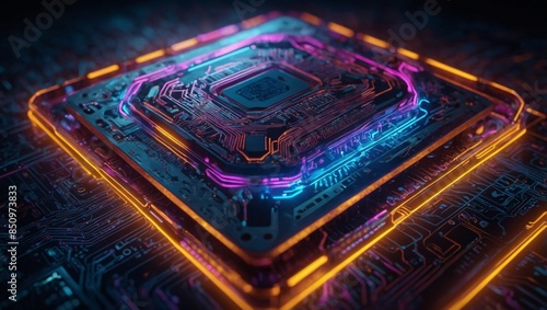 AI brain chip with glowing neon circuits and digital patterns, raytraced style, vibrant colors, highly detailed, futuristic design, cinematic lighting photo