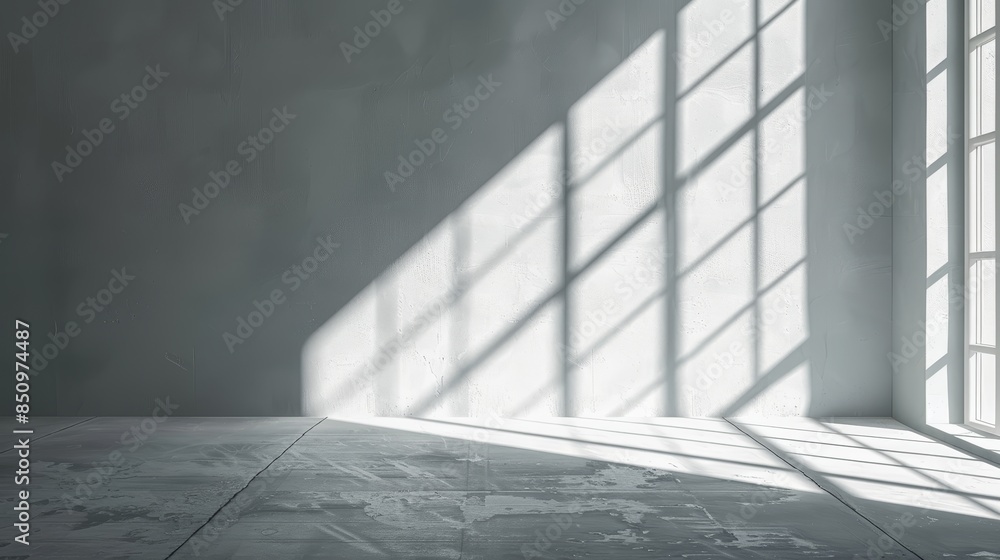 Obraz premium Abstract geometric shapes formed by sunlight through a window, shadows creating a minimalist pattern on a white wall, crisp and clean aesthetic