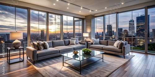 ðŸŒ‡ðŸŒ† Modern Living Room Interior With Floor-To-Ceiling Windows And Stunning City Views At Sunset. © Adisorn