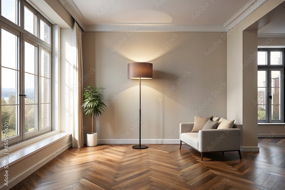 Fototapeta premium Warm And Inviting Living Room With A Large Window, Hardwood Floors, And A Comfortable Armchair.
