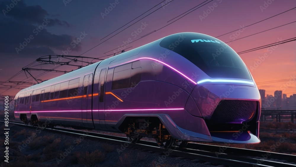Naklejka premium Futuristic AI autonomous train with neon-lit control panels and holographic displays, 3D render style, vibrant neon purple and orange colors, high detail, realistic lighting