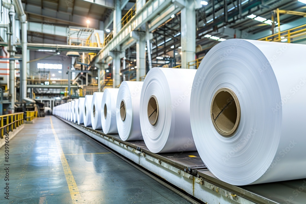 Big white paper rolls in modern factory