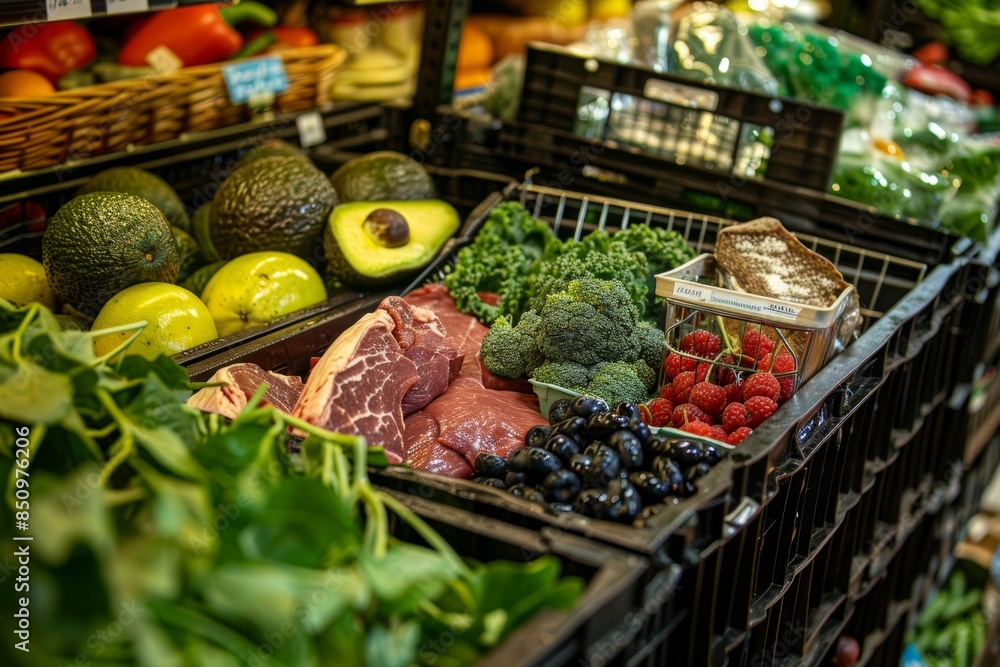Healthy Shopping Basket with Quinoa, Avocados, Berries, Leafy Greens, and Lean Meats in Produce Section Healthy Shopping Basket with Quinoa, Avocados, Berries, Leafy Greens, and Lean Meats in Produce Section