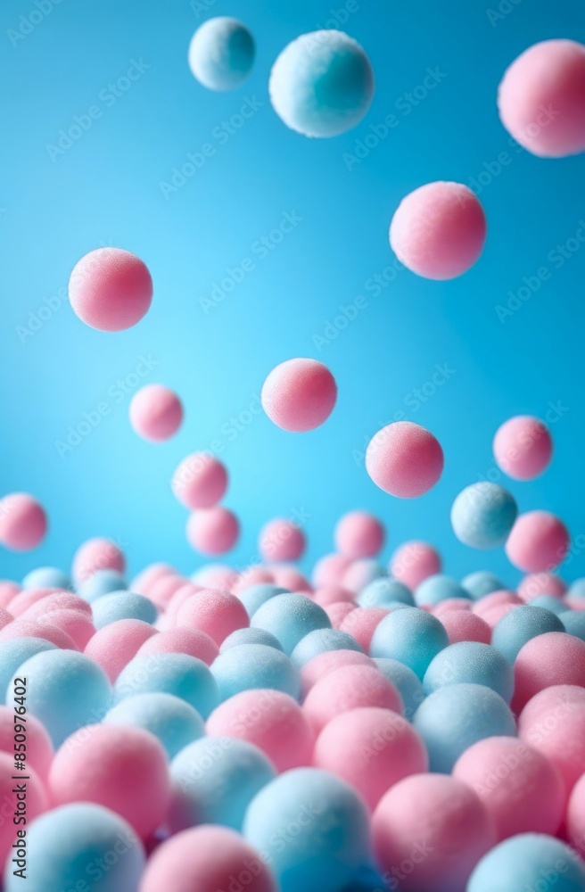 cottony fluffy soft pink and blue balls falling into pile of other balls against light blue background. abstract background, flow and movement concept, textured surface, children's products promotion. cottony fluffy soft pink and blue balls falling into pile of other balls against light blue background. abstract background, flow and movement concept, textured surface, children's products promotion.