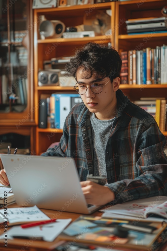 High School Student Focused on Science Project at Home Using Laptop and Materials High School Student Focused on Science Project at Home Using Laptop and Materials
