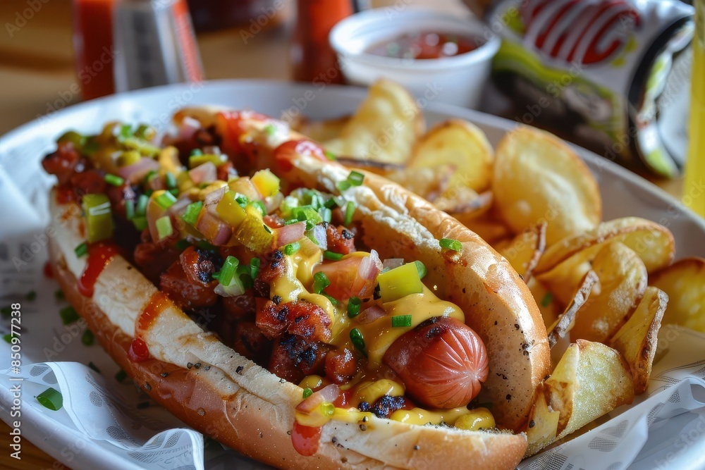 nostalgic nosh nirvana delectable hotdog plate classic condiment combo crispy potato chip pairing comforting cuisine satisfying solo serving nostalgic nosh nirvana delectable hotdog plate classic condiment combo crispy potato chip pairing comforting cuisine satisfying solo serving