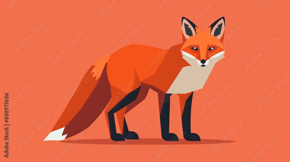 Fototapeta premium A red fox with a white tail and a black nose is standing in front of an orange background that has Fox written on it