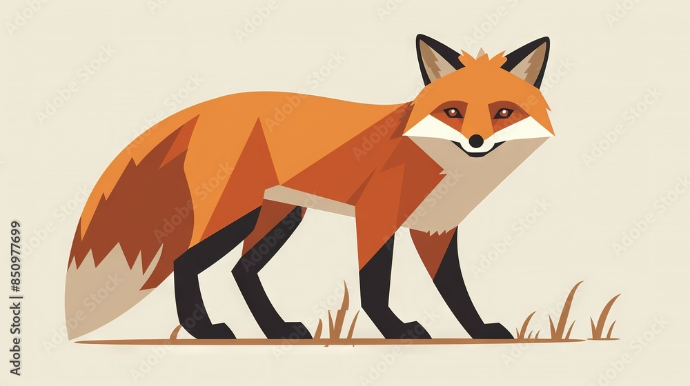 Fototapeta premium A fox stands in the grass, turning its head to face the camera