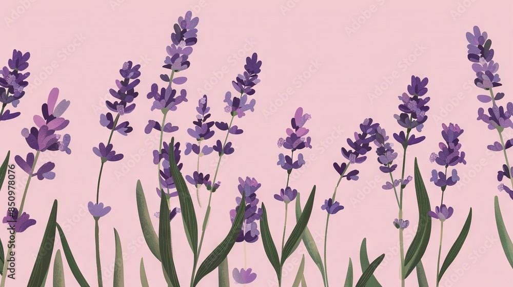   A pink background with lavender flowers and a green stem in the center