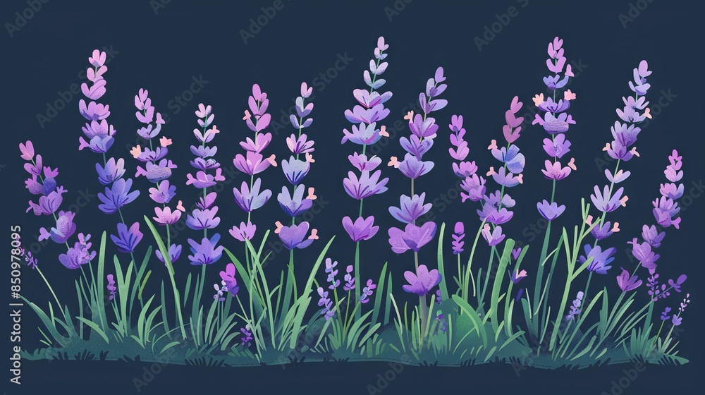Fototapeta premium Purple flowers growing on grass against dark blue background