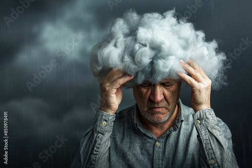 Senior Man with Cloud Head Depicting Mental Health Concept