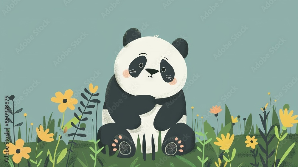 A panda bear in a field of wildflowers with a blue sky in the background A panda bear in a field of wildflowers with a blue sky in the background