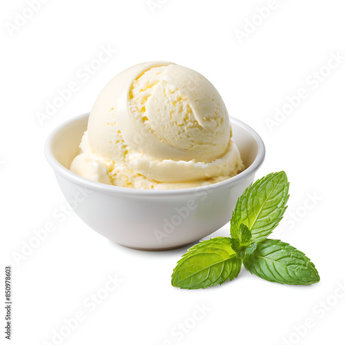 A single scoop of creamy vanilla ice cream in a white bowl, garnished with fresh mint leaves. Perfect for showcasing summer desserts, recipe blogs, or promoting dairy products. Ideal for food-related 