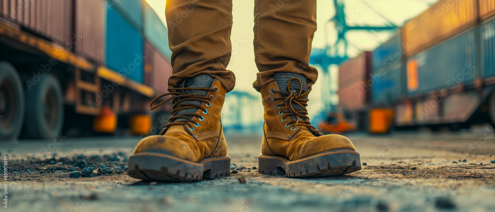 Close-up of Worker in Brown Safety Boots at Shipping Yard, Industrial and Logistics Concept Close-up of Worker in Brown Safety Boots at Shipping Yard, Industrial and Logistics Concept