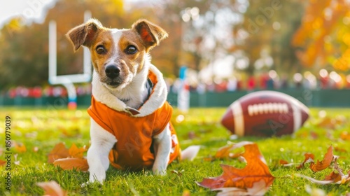 Wallpaper Mural A dog wearing a football jersey sits on a green grassy field with autumn leaves scattered around Torontodigital.ca