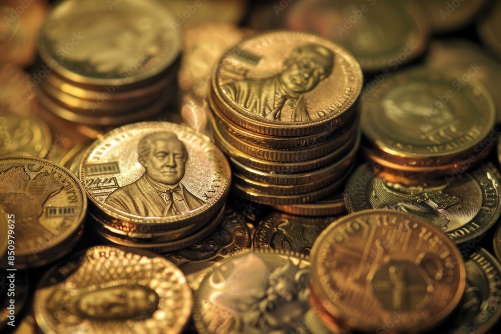 Close up image of us currency coins including quarters and dollar coins stacked against a gleaming background Close up image of us currency coins including quarters and dollar coins stacked against a gleaming background
