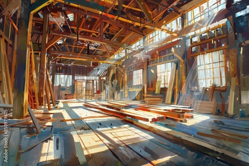 rhythmic wooden beams dance in sunlit carpentry shop capturing artisanal craftsmanship digital painting